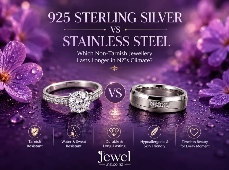 Elegant comparison of 925 sterling silver and stainless steel rings on a luxurious purple floral background with the title '925 Sterling Silver vs Stainless Steel: Which Non-Tarnish Jewellery Lasts Longer in NZ's Climate?' and Jewel NZ branding