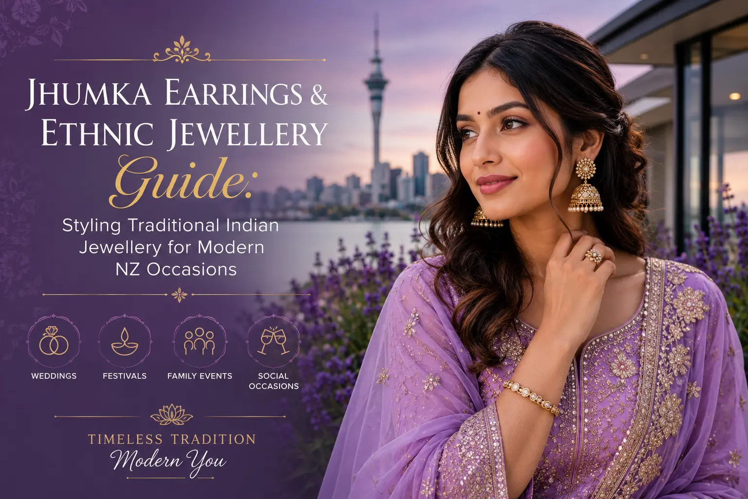 South Asian woman wearing gold jhumka earrings and a purple traditional outfit with a modern New Zealand city backdrop.