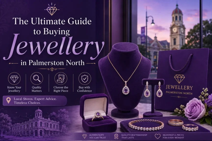 Luxury purple-themed jewellery display with rings, earrings, necklace and bracelet for a Palmerston North jewellery buying guide.