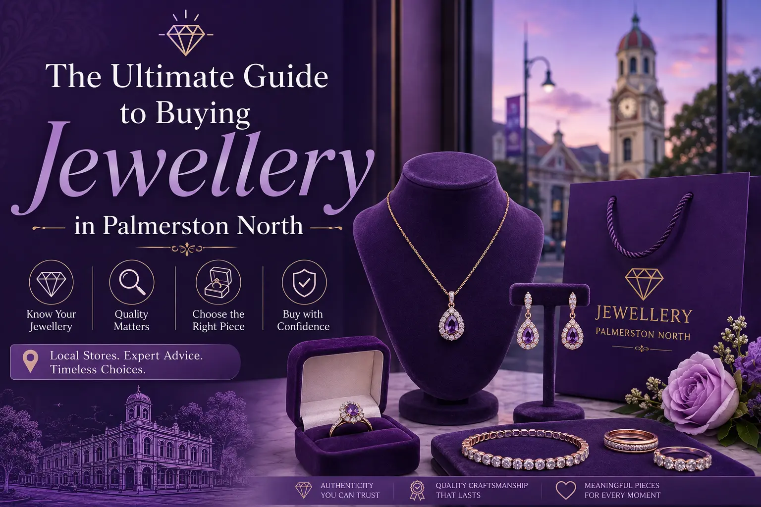 Luxury purple-themed jewellery display with rings, earrings, necklace and bracelet for a Palmerston North jewellery buying guide.
