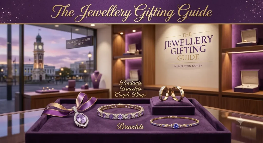 A purple velvet display tray in a jewelry store storefront showcasing a pear-cut purple gemstone pendant with a satin ribbon, two purple gemstone bracelets, and a pair of gold couple rings, with a town clock tower visible through the window.