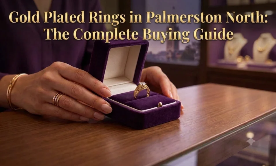 Open velvet box with a gold ring, text reads "Gold Plated Rings in Palmerston North: The Complete Buying Guide