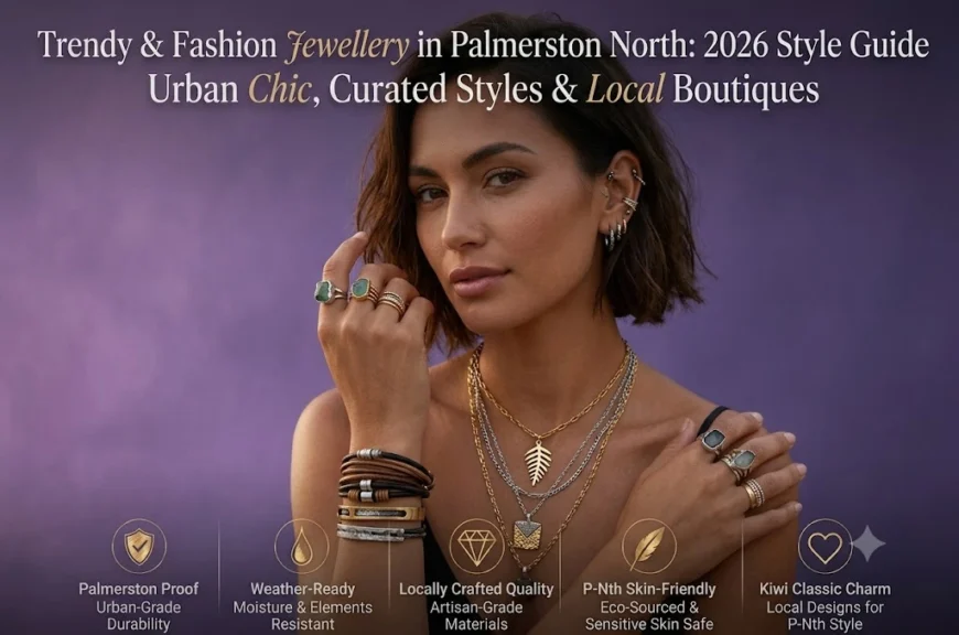 Woman wearing trendy layered necklaces, stacked rings, and cuff bracelets for the Palmerston North 2026 jewellery style guide