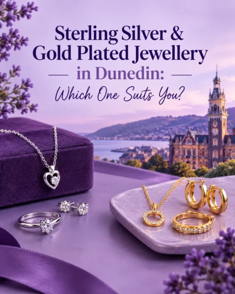 Sterling silver and gold plated jewellery in Dunedin styled in an elegant purple-themed setting