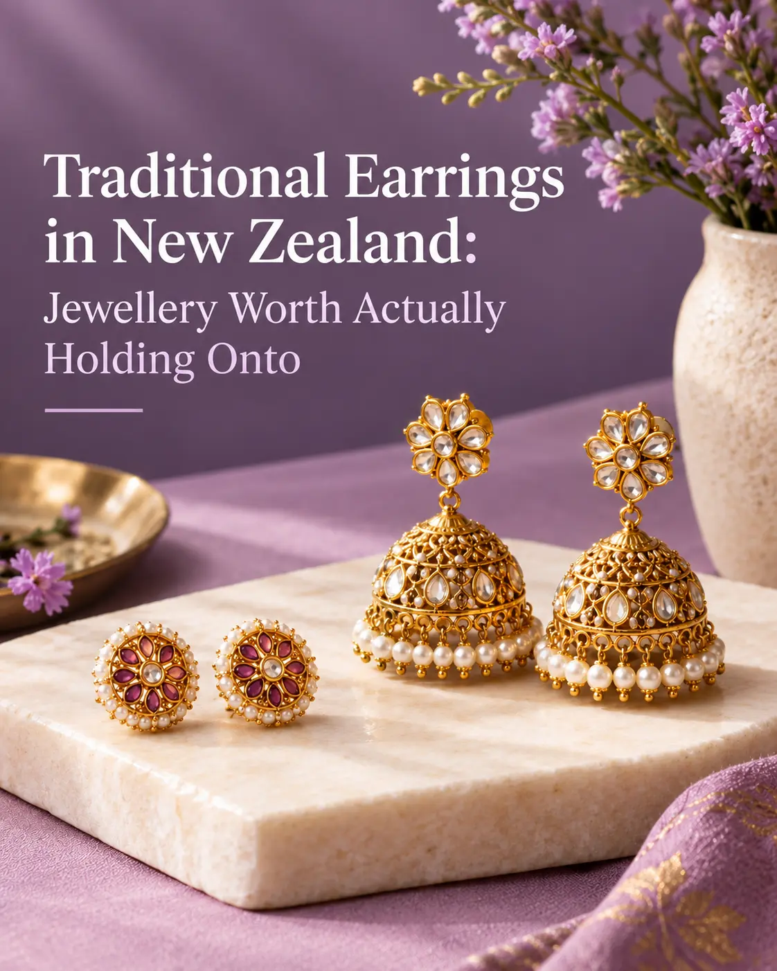 Traditional gold earrings with pearl detailing displayed on a marble surface against a soft purple background.