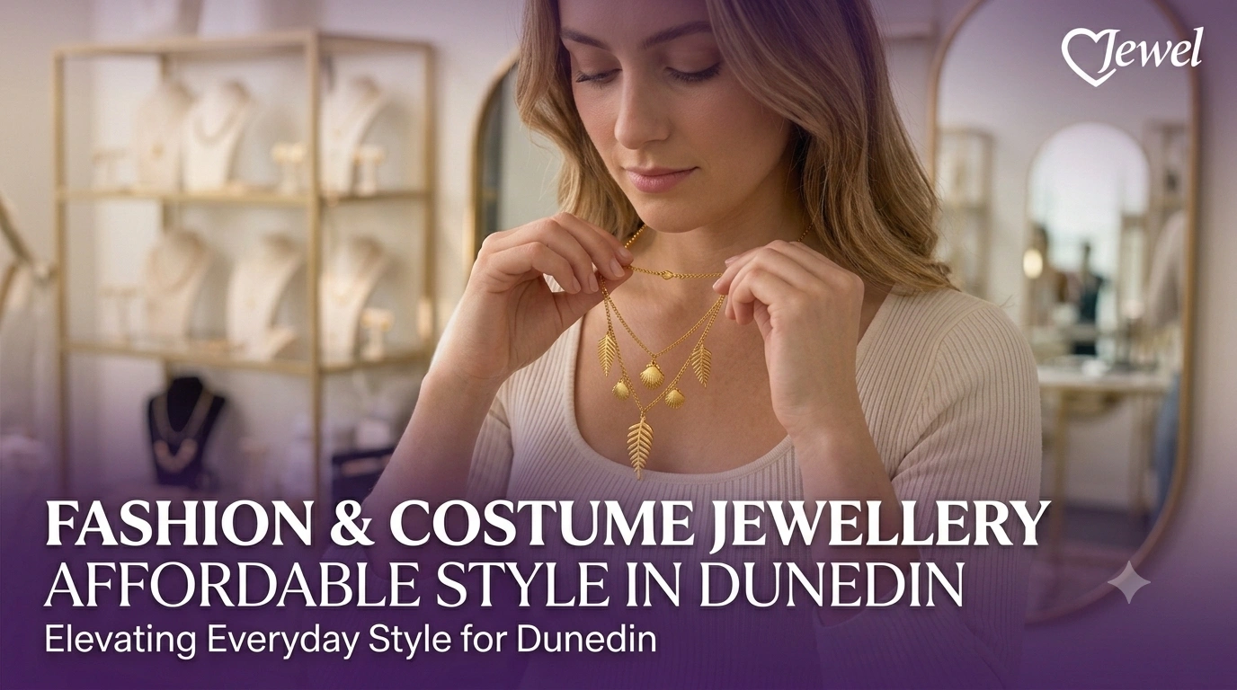 Woman trying on a layered gold necklace with fern and seashell pendants in a jewellery store